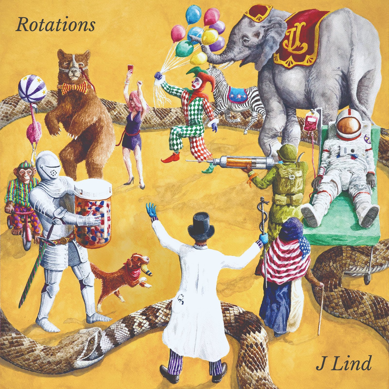 Rotations album cover: a painted circus scene on a yellow ground
